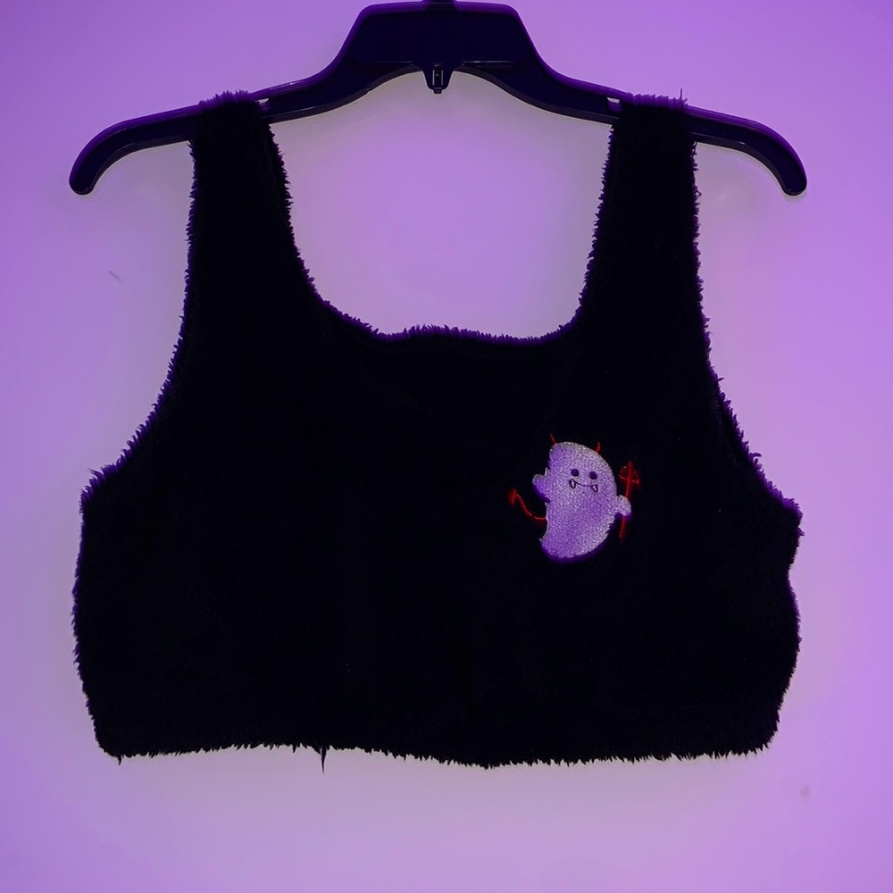 Halloween Ghost Embroidery Flannel fuzzy fluffy warm cropped Tank